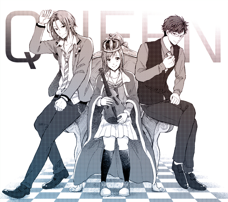 1girl, 2boys, arm_up, asahina_yui, black_vest, cape, chain, crossed_legs