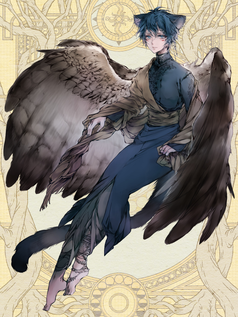 1boy, animal_ears, barefoot, blue_eyes, blue_hair, cyril_alba, dairoku_ryouhei, facepaint