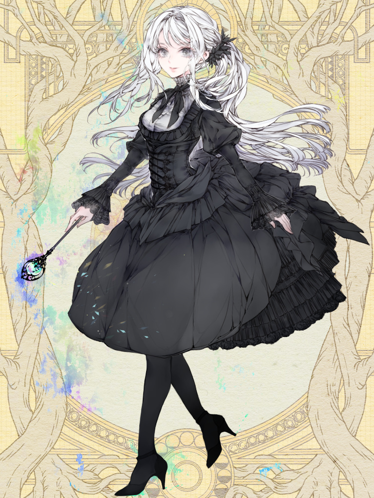 1girl, black_dress, black_pantyhose, black_scrunchie, caroline_black, dairoku_ryouhei, dress, full_body, grey_eyes, high_heels, kirsche_(tw), long_hair, long_sleeves, pantyhose, puffy_long_sleeves, puffy_sleeves, scrunchie, simple_background, solo, standing, wand, white_hair, yellow_background
