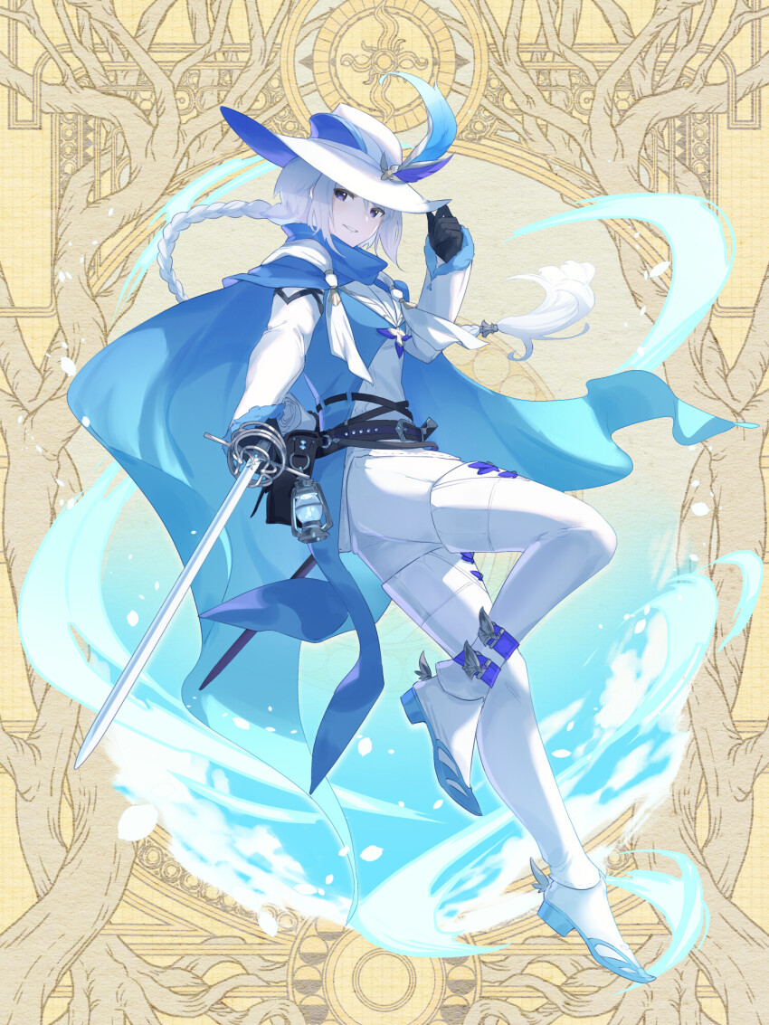 1girl, adjusting_clothes, adjusting_headwear, artist_request, belt, black_gloves, blue_cape, braid