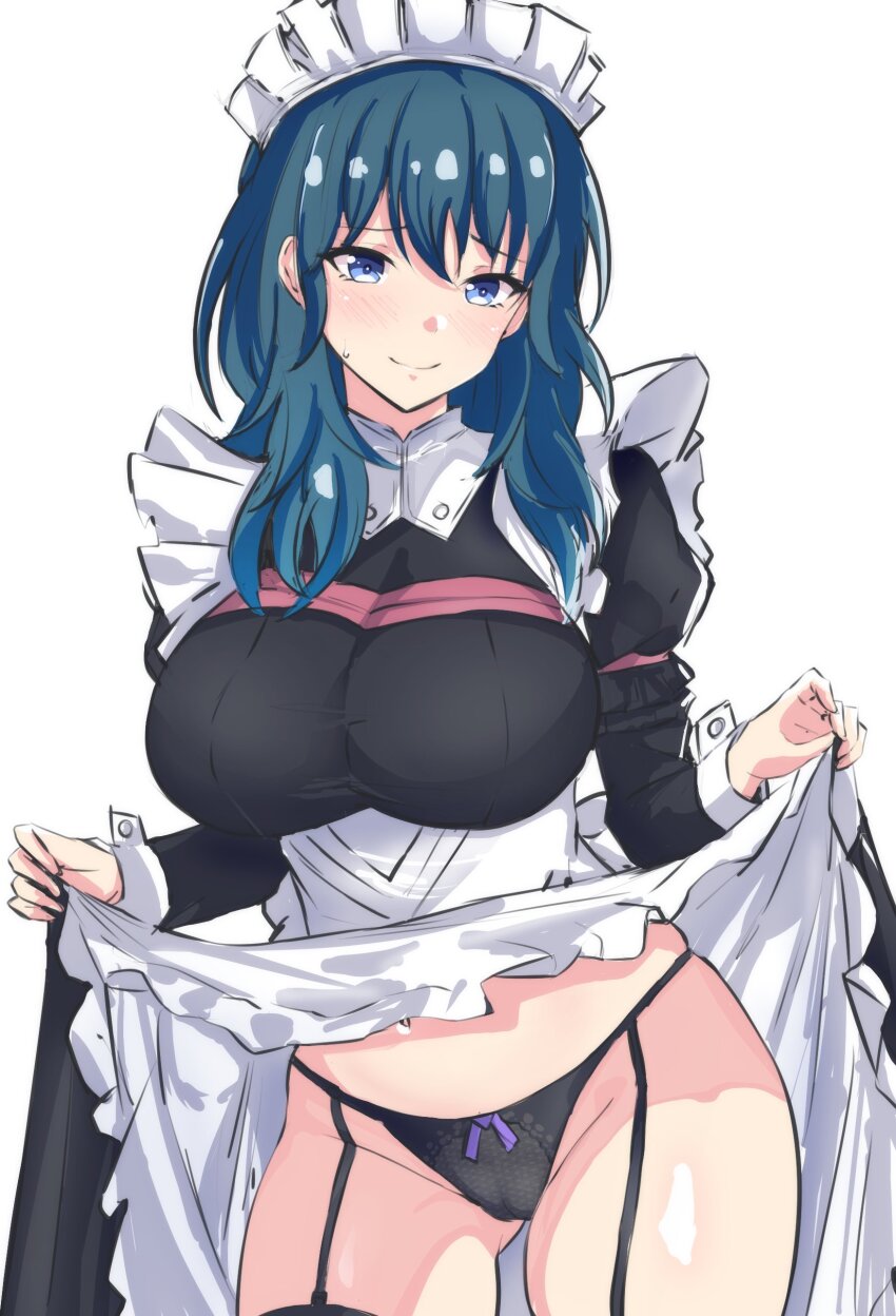1girl, absurdres, apron, black_panties, blue_eyes, blue_hair, blush, breasts, female_byleth_(fire_emblem), clothes_lift, fire_emblem, fire_emblem:_three_houses, frilled_apron, frills, garter_straps, gloves, gluteal_fold, hair_between_eyes, half_gloves, headband, highres, large_breasts, latte_(latte_daruta2), lifting_own_clothes, long_hair, looking_at_viewer, maid, maid_apron, maid_headdress, medium_hair, nintendo, panties, puffy_sleeves, shiny_skin, skirt, skirt_lift, solo, sweatdrop, thong, underwear, white_apron