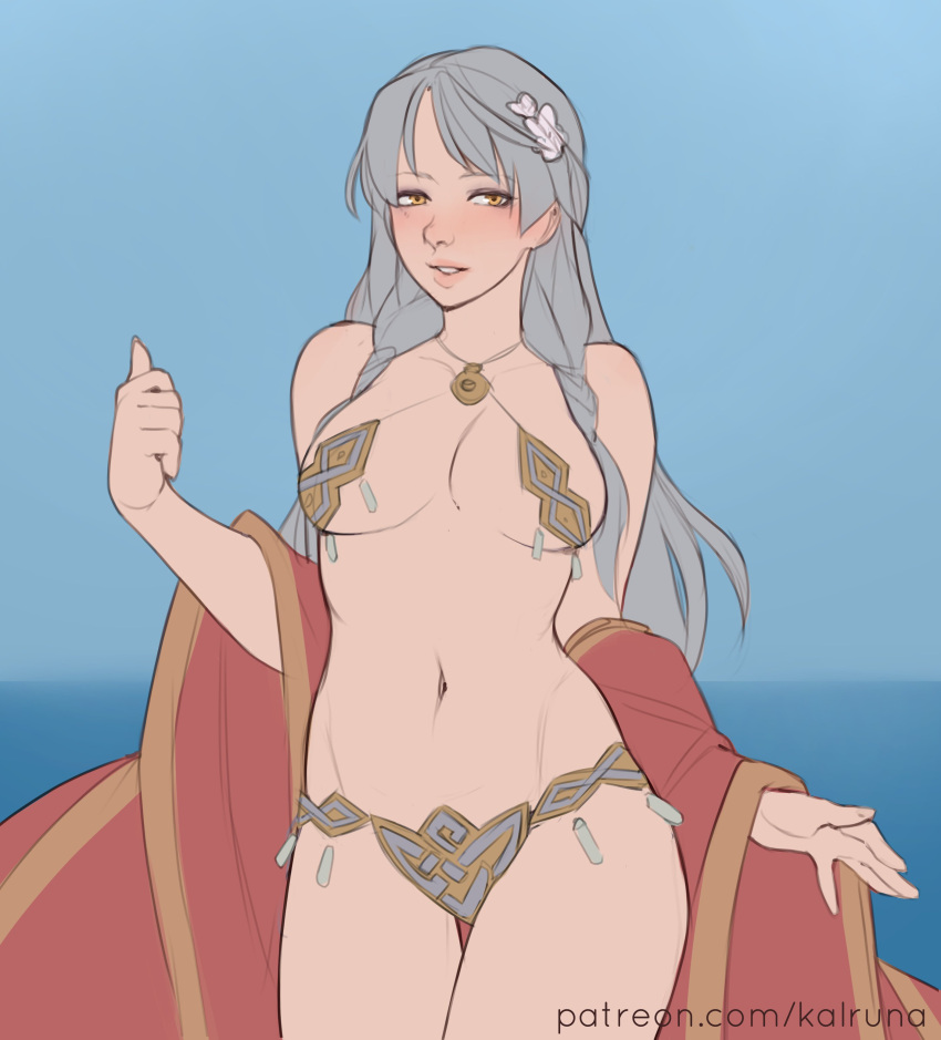 1girl, bikini, fire_emblem, fire_emblem:_radiant_dawn, grey_hair, kalruna, micaiah_(fire_emblem), micaiah_(radiant_queen)_(fire_emblem)