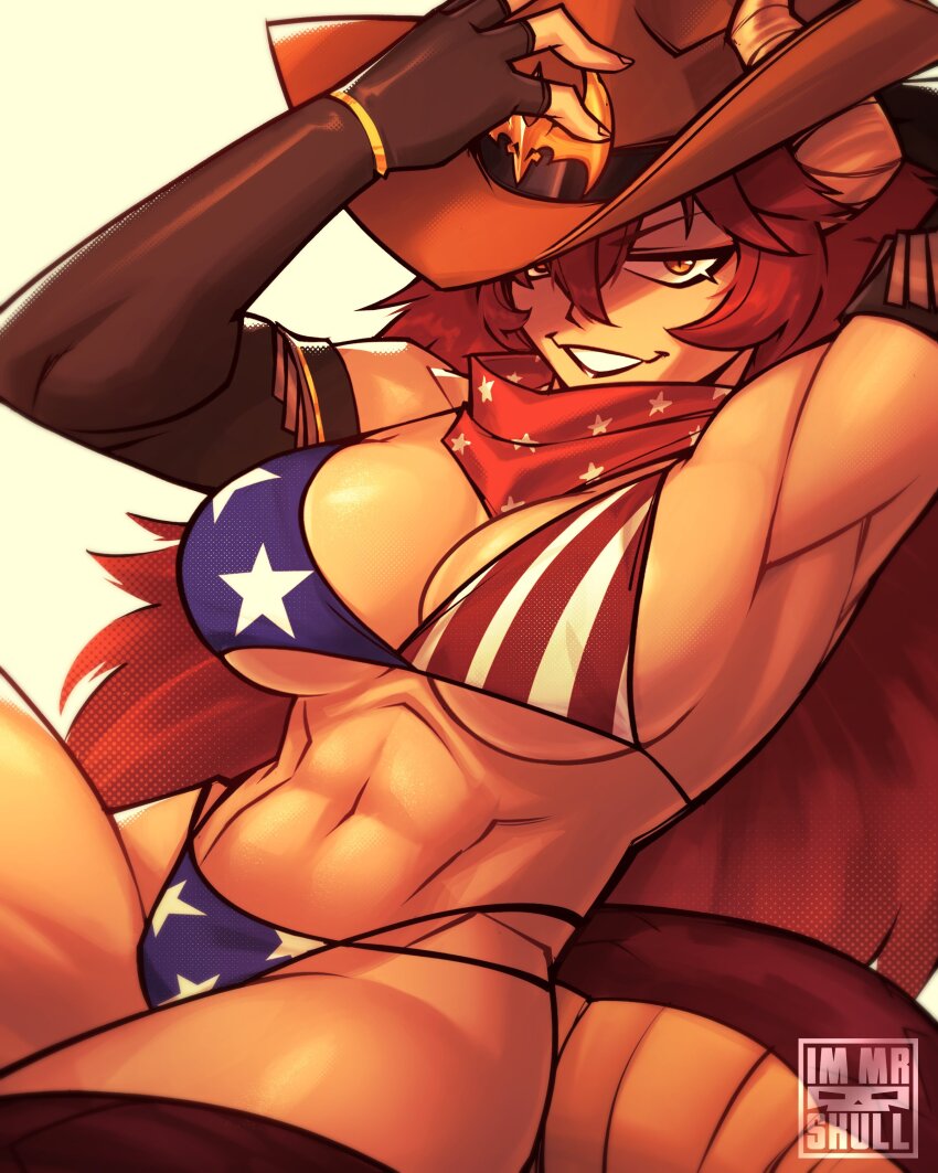 1girl, abs, absurdres, american_flag, american_flag_bikini, american_flag_print, armpits, artist_name