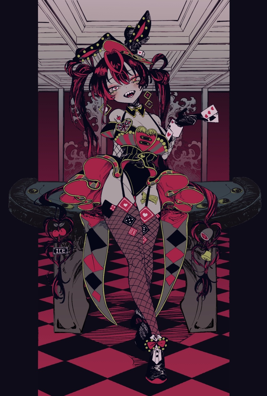 1girl, 7_(number), :d, black_dress, black_footwear, black_garter_straps, black_gloves, black_hair, black_leotard, blackjack_table, breasts, card, casino, checkered_floor, cleavage, commentary, detached_collar, dice, dress, eyeshadow, fishnet_thighhighs, fishnets, flat_color, frilled_dress, frills, full_body, garter_straps, gloves, half-closed_eyes, hand_up, hat, highres, indie_virtual_youtuber, indoors, konoito_nui, large_breasts, leaning_back, leotard, long_hair, looking_at_viewer, makeup, marquee_lights, money, multicolored_hair, muted_color, open_mouth, playing_card, playing_card_theme, red_dress, red_eyeshadow, red_hair, saida_aisu, sharp_teeth, skirt, smile, solo, standing, straight-on, suspender_skirt, suspenders, symbol_in_eye, table, teeth, thighhighs, top_hat, tucked_money, two-tone_hair, very_long_hair, virtual_youtuber