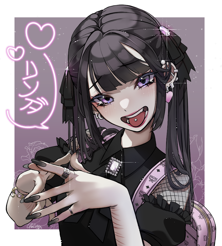 1girl, ashita_watashi_wa_dareka_no_kanojo, backpack, bag, black_hair, black_nails, border, dakemichan, ear_piercing, heart, jirai_kei, lips, lipstick, looking_at_viewer, makeup, multiple_scars, open_mouth, outside_border, piercing, purple_eyes, scar, self-harm, self-harm_scar, solo, takahashi_yua, tongue_piercing, white_border