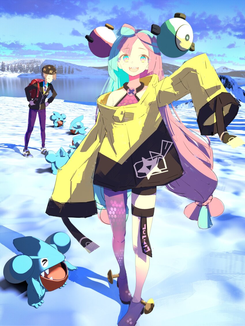 absurdres, aqua_hair, gen_4_pokemon, gible, gurumaruhana, highres, iono_(pokemon), juliana_(pokemon), multicolored_hair, nintendo, pink_hair, pokemon, pokemon_(creature), pokemon_scarlet_and_violet, two-tone_hair