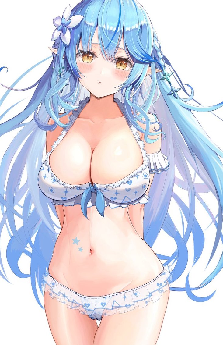 1girl, :t, arched_back, arm_garter, bikini, bikini_skirt, blue_hair, blush, breasts, brown_eyes, cameltoe, cleavage, colored_tips, cowboy_shot, curvy, double-parted_bangs, flower, frilled_bikini, frills, groin, hair_flower, hair_ornament, hololive, hololive_summer_2022_swimsuit, large_breasts, long_hair, looking_at_viewer, lowleg, lowleg_bikini, miniskirt, multicolored_hair, narrow_waist, official_alternate_costume, pointy_ears, pout, print_bikini, skirt, solo, streaked_hair, swimsuit, tsetainsu, very_long_hair, virtual_youtuber, white_background, white_bikini, white_flower, wide_hips, yellow_eyes, yukihana_lamy