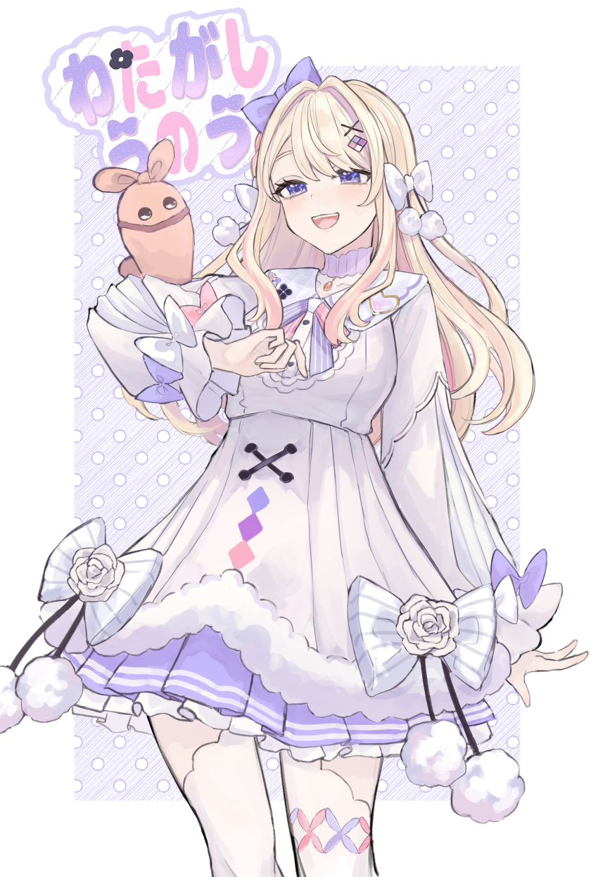 1girl, absurdres, arm_at_side, arm_behind_back, blonde_hair, blush, border, bow