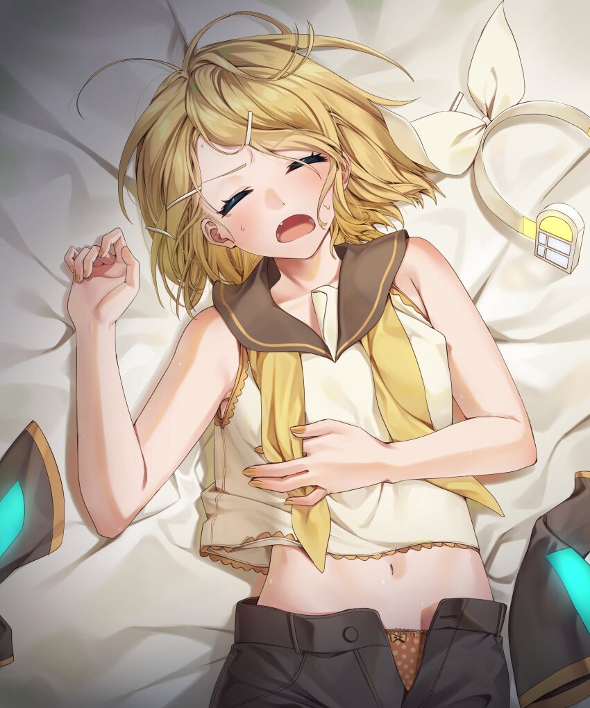 1girl, absurdres, bare_arms, bare_shoulders, bed_sheet, black_shorts, black_sleeves, blonde_hair, bow, closed_eyes, detached_sleeves, fang, hair_bow, hair_ornament, hairband, hairclip, hand_on_own_stomach, headphones, headphones_removed, headset, highres, hot, inu8neko, kagamine_rin, lying, messy_hair, midriff, navel, neckerchief, on_back, on_bed, open_fly, open_mouth, orange_panties, panties, polka_dot, polka_dot_panties, sailor_collar, sailor_shirt, shirt, short_hair, shorts, sleeveless, sleeveless_shirt, solo, sweat, underwear, undone_neckerchief, unworn_hair_ornament, unworn_hairband, unworn_hairclip, unworn_sleeves, vocaloid, white_bow, white_shirt, yellow_neckerchief