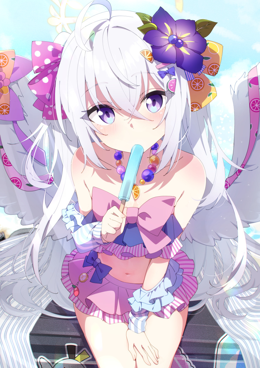 1girl, absurdres, ahoge, angel_wings, azusa_(blue_archive), azusa_(swimsuit)_(blue_archive), bare_shoulders, bikini, bikini_skirt, blue_archive, blue_bow, blue_sky, bow, bow_bikini, breasts, cloud, collarbone, commentary, cropped_legs, crossed_bangs, day, detached_sleeves, feathered_wings, flower, food, food-themed_hair_ornament, food_in_mouth, food_print, frilled_bikini, frilled_sleeves, frills, from_above, fruit_print, hair_between_eyes, hair_bow, hair_flower, hair_ornament, hairclip, halo, hands_on_own_thighs, highres, holding, holding_food, holding_popsicle, jewelry, kirizuki_reika, lime_hair_ornament, looking_at_viewer, looking_up, low_wings, midriff, multicolored_bikini, navel, necklace, official_alternate_costume, orange-shaped_necklace, orange_hair_ornament, orange_print, pink_bikini, pink_bow, pink_ribbon, polka_dot, polka_dot_bow, popsicle, purple_bikini, purple_bow, purple_eyes, purple_flower, ribbon, sitting, sitting_on_object, sky, small_breasts, solo, stomach, striped_bikini, striped_clothes, swimsuit, two-tone_bikini, two_side_up, vertical-striped_bikini, vertical-striped_clothes, watermelon_hair_ornament, white_wings, wing_bow, wings, yellow_bow