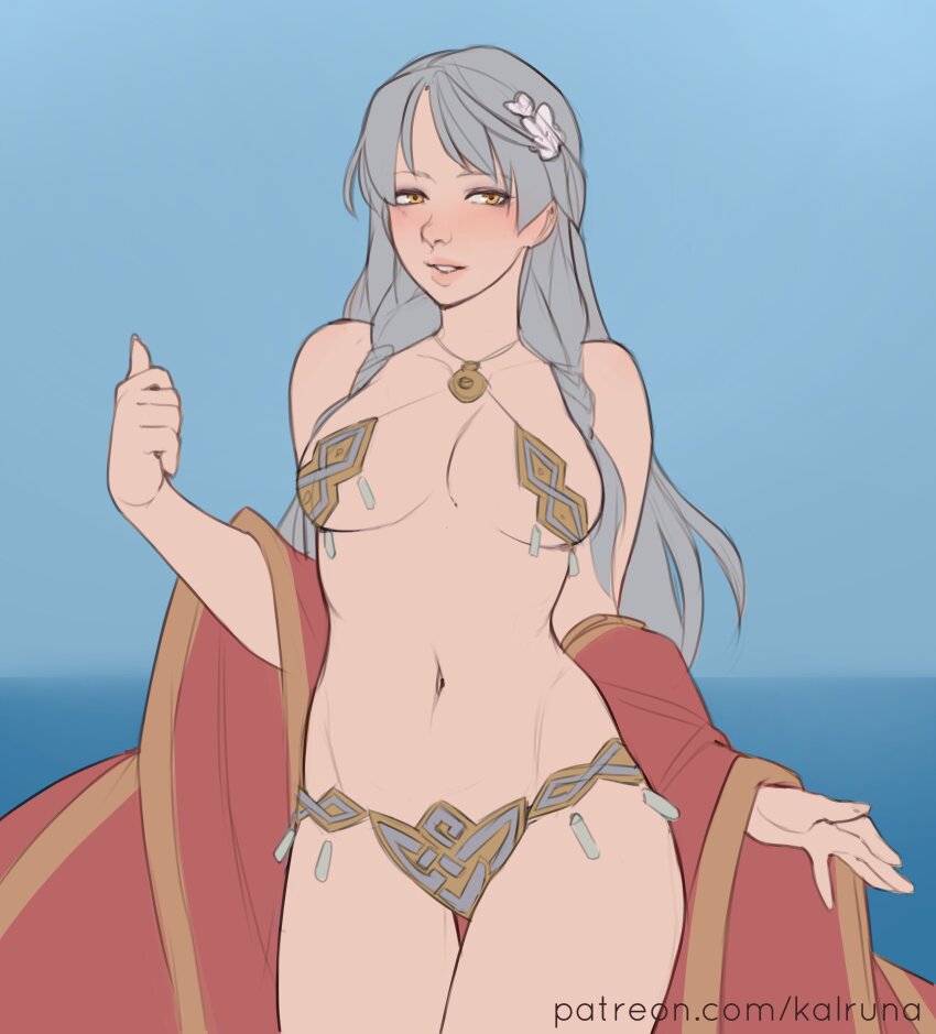 1girl, absurdres, adapted_costume, bare_shoulders, bikini, blue_background, breasts, cape, commission, fire_emblem, fire_emblem:_radiant_dawn, grey_hair, groin, hair_ribbon, half_updo, highres, kalruna, long_hair, looking_at_viewer, medium_breasts, micaiah_(fire_emblem), micaiah_(radiant_queen)_(fire_emblem), navel, nintendo, patreon_username, red_cape, ribbon, simple_background, solo, swimsuit, yellow_eyes