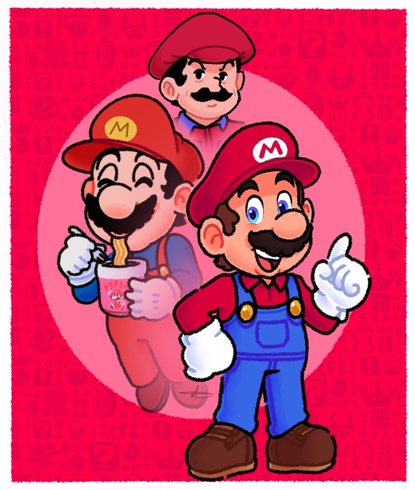 3boys, large_nose, black_eyes, black_hair, blue_collar, blue_eyes, blue_overalls, blue_shirt