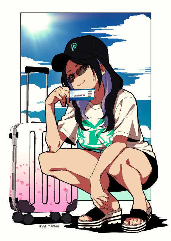 baseball_cap, black_hair, black_hat, black_shorts, border, cloud, colored_inner_hair, hat, kson, kson_(person), looking_at_viewer, luggage_tag, multicolored_hair, n_gyou, real_life, rolling_suitcase, sandals, shirt, shorts, squatting, suitcase, sun, sunglasses, twitter_username, virtual_youtuber, vshojo, white_border, white_sandals, white_shirt
