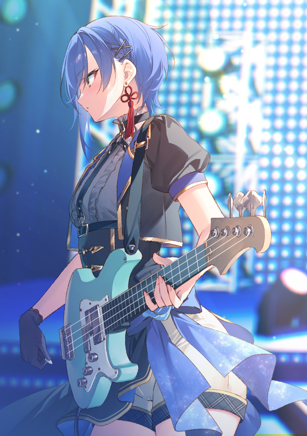 1girl, asymmetrical_hair, bass_guitar, belt, black_belt, black_choker, black_gloves, black_jacket