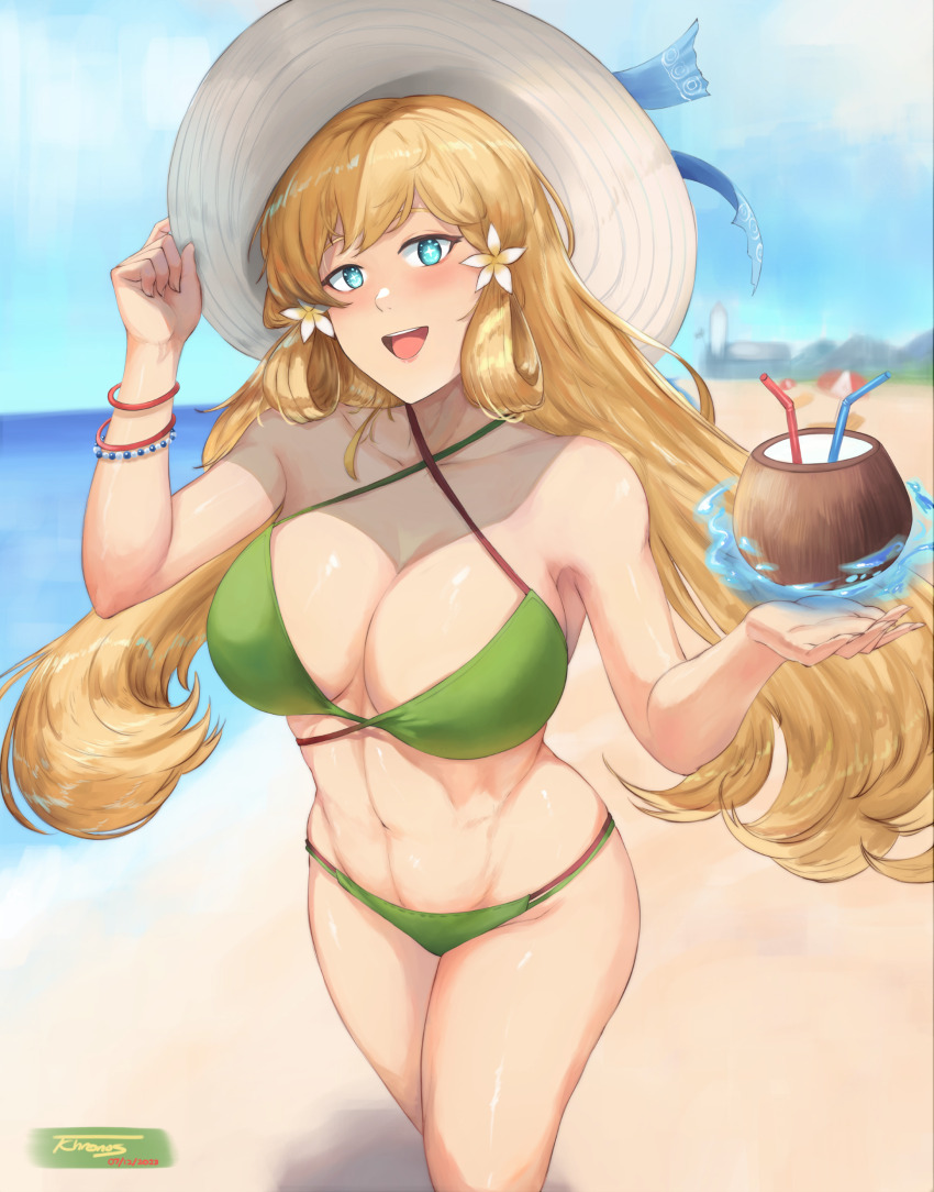 abs, absurdres, beach, bikini, blonde_hair, blue_eyes, blush, breasts, cleavage, coconut, fire_emblem, fire_emblem_heroes, hat, highres, large_breasts, long_hair, nintendo, sun_hat, swimsuit, tempura_chronos, very_long_hair, ymir_(fire_emblem_heroes)