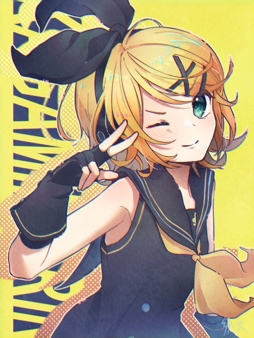 1girl, black_bow, black_dress, black_gloves, black_sailor_collar, blonde_hair, bow, closed_mouth, commentary_request, dress, drop_shadow, fingerless_gloves, gloves, green_eyes, hair_bow, hair_ornament, hand_up, head_tilt, headphones, highres, kagamine_rin, kagamine_rin_(sour_model), light_blush, looking_at_viewer, medium_hair, neckerchief, sailor_collar, sleeveless, sleeveless_dress, smile, solo, sour_model_(mikumikudance), suama_(haruichi), swept_bangs, upper_body, v-shaped_eyebrows, vocaloid, w, x_hair_ornament, yellow_background, yellow_neckerchief