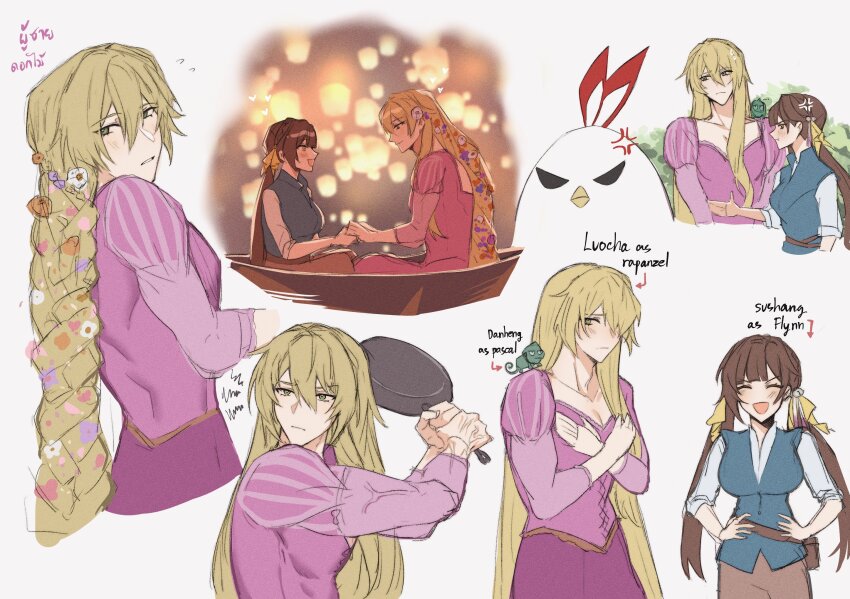 :d, anger_vein, animal, animal_on_shoulder, arrow_(symbol), bird, blonde_hair, boat