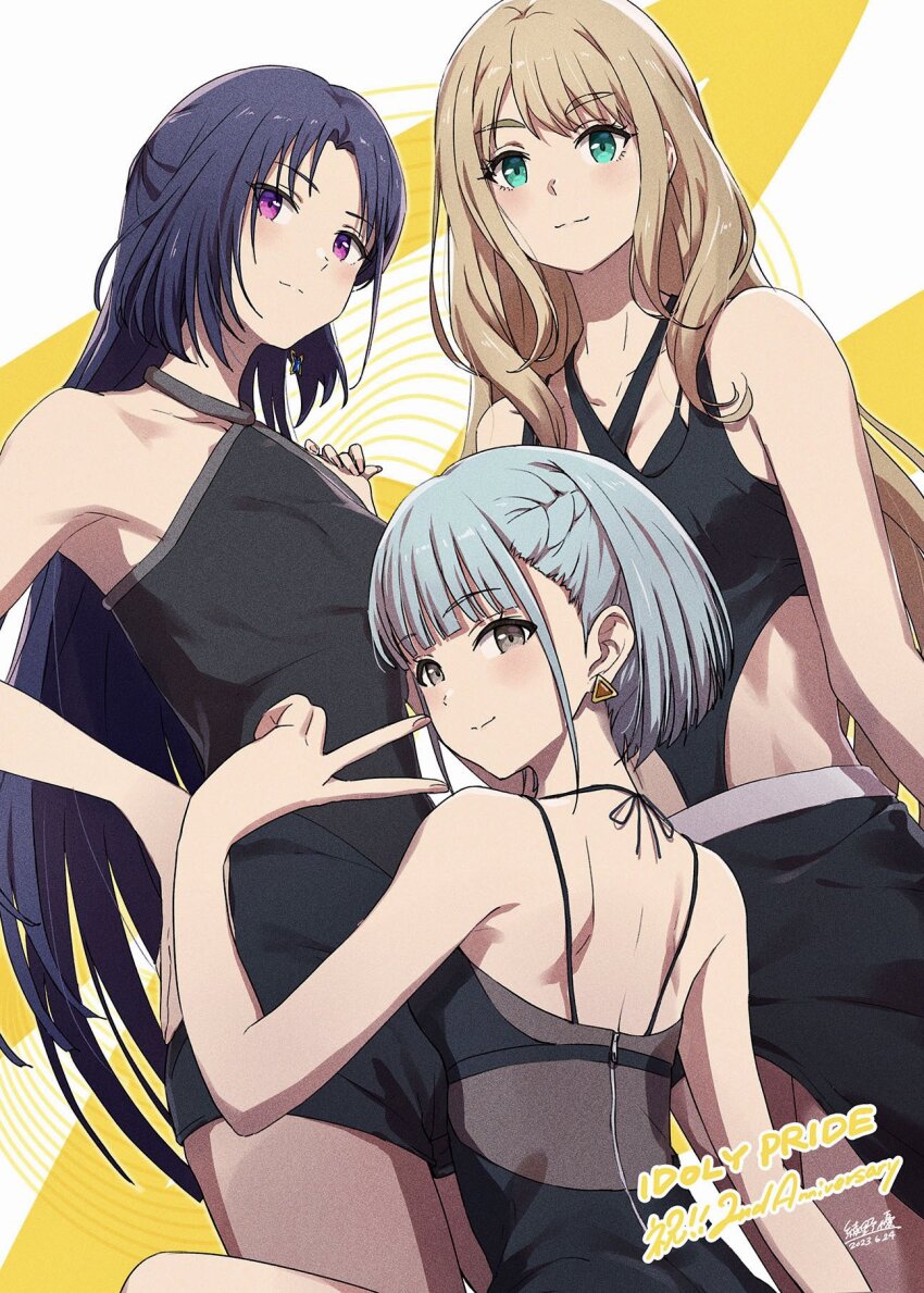 anniversary, armpit_peek, ayano_yuu_(sonma_1426), bare_shoulders, black_bra, black_shirt, black_shorts, blue_eyes