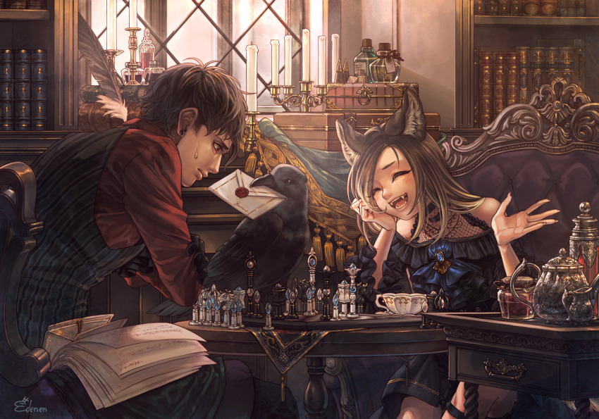 1boy, 1girl, :d, ^_^, absurdly_detailed_composition, animal, animal_ears, arm_support, armchair, bare_shoulders, bird, black_dress, black_gloves, board_game, book, bookshelf, bottle, brown_hair, candle, candlestand, chair, chess, chess_piece, closed_eyes, crow, cup, dress, edenen-san, envelope, fangs, gloves, halter_dress, halterneck, highres, indoors, jar, laughing, loaded_interior, long_hair, long_sleeves, mouth_hold, off-shoulder_dress, off_shoulder, open_mouth, original, pinstripe_pattern, pinstripe_vest, playing_games, quill, red_shirt, shirt, smile, striped, sweat, table, tail, teacup, teapot, vest, victorian, wax_seal, wolf_ears, wolf_girl, wolf_tail, wooden_table