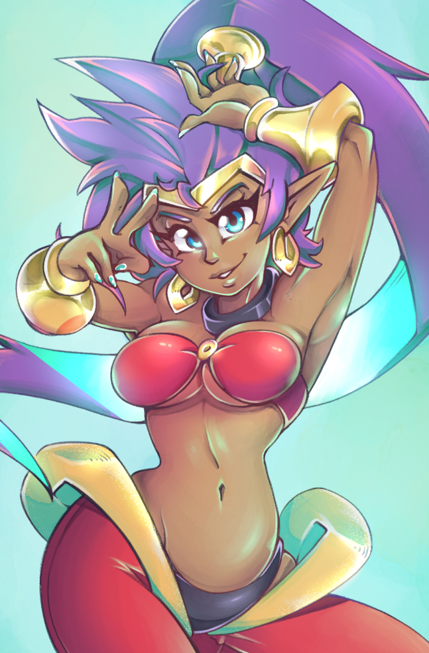 1girl, armpits, blue_eyes, bra, breasts, cleavage, dark-skinned_female, dark_skin, highres, long_hair, medium_breasts, pants, pointy_ears, purple_hair, shantae, shantae_(series), tidywire, underwear, v, very_long_hair, wide_hips