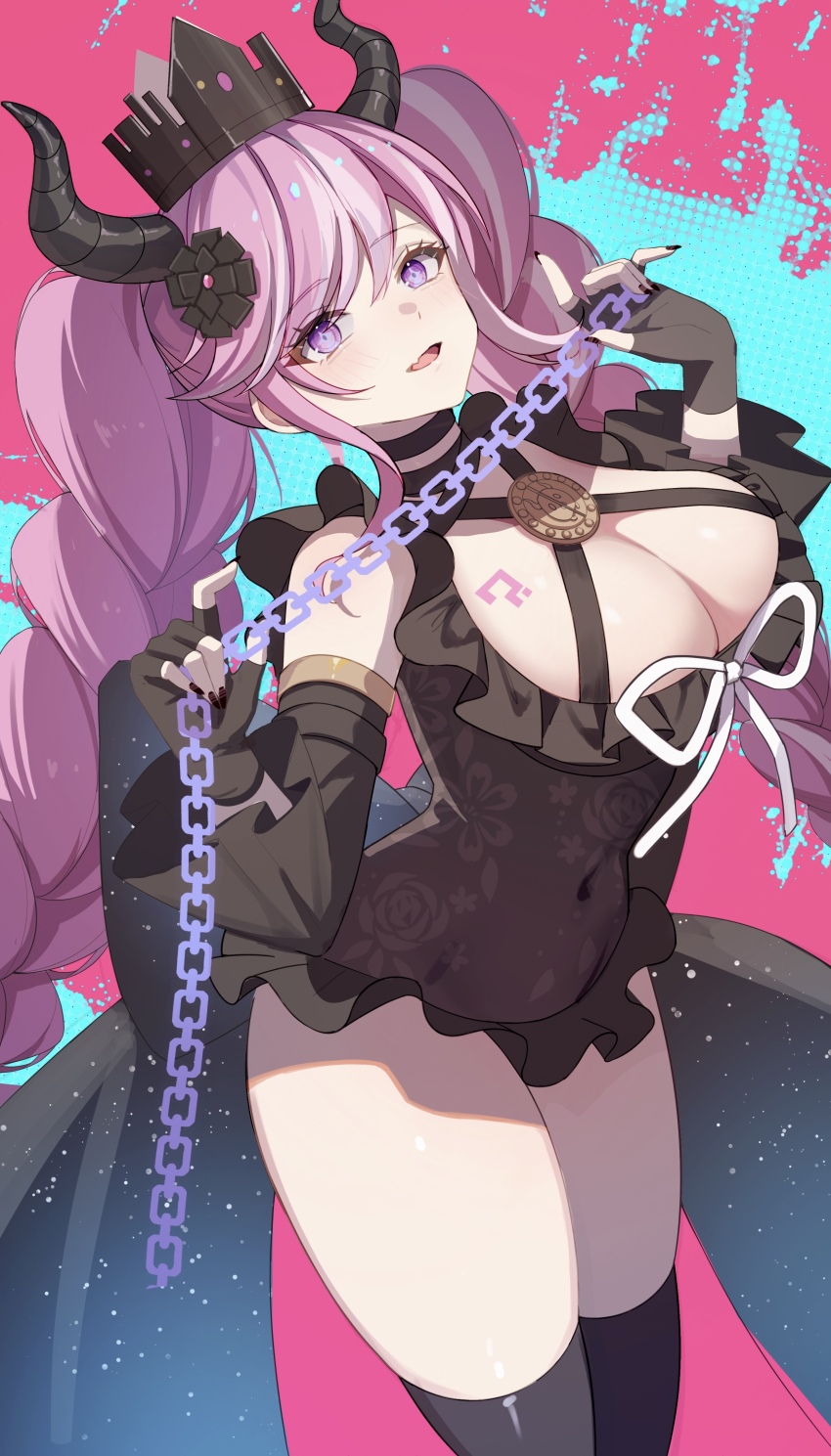 1girl, absurdres, black_dress, black_gloves, black_horns, black_nails, black_thighhighs, breasts