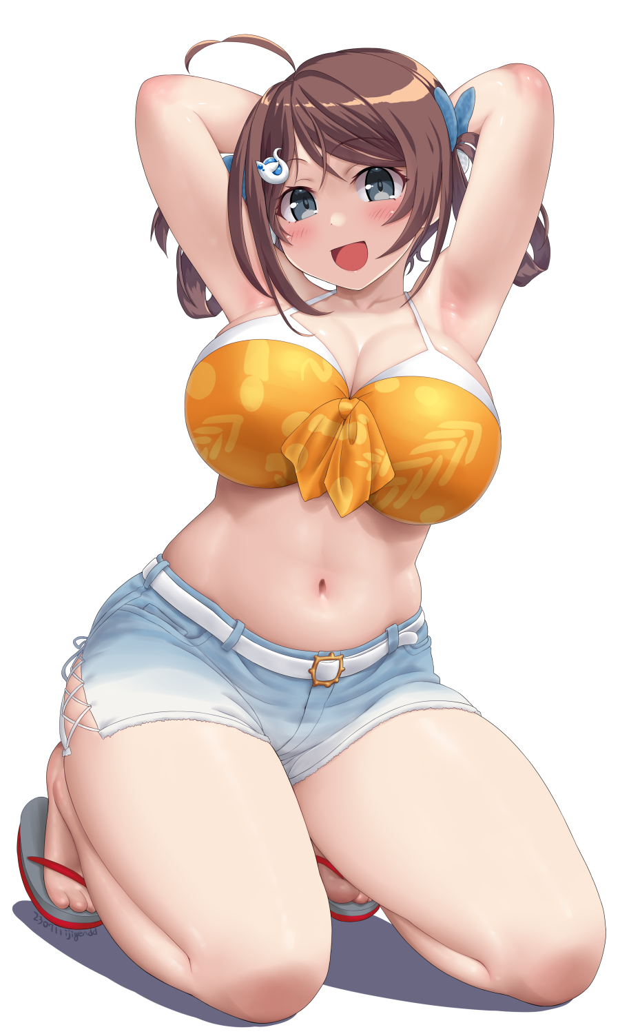 1girl, ahoge, armpits, arms_behind_head, barefoot, bikini, blue_shorts, blush, breasts, brown_hair, chougei_(kancolle), chougei_(swimsuit)_(kancolle), cleavage, collarbone, dated, dd_(ijigendd), grey_eyes, hair_ornament, highres, kantai_collection, kneeling, large_breasts, looking_at_viewer, navel, open_mouth, orange_bikini, sandals, short_hair, shorts, signature, simple_background, smile, solo, swimsuit, toes, twitter_username, white_background