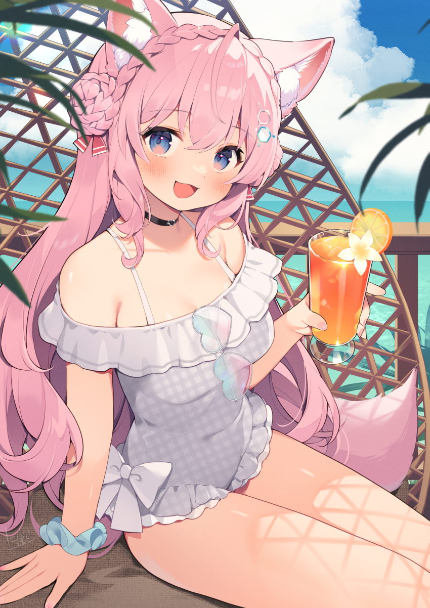 1girl, absurdres, ahoge, animal_ears, bare_shoulders, black_choker, blue-tinted_eyewear, blue_scrunchie