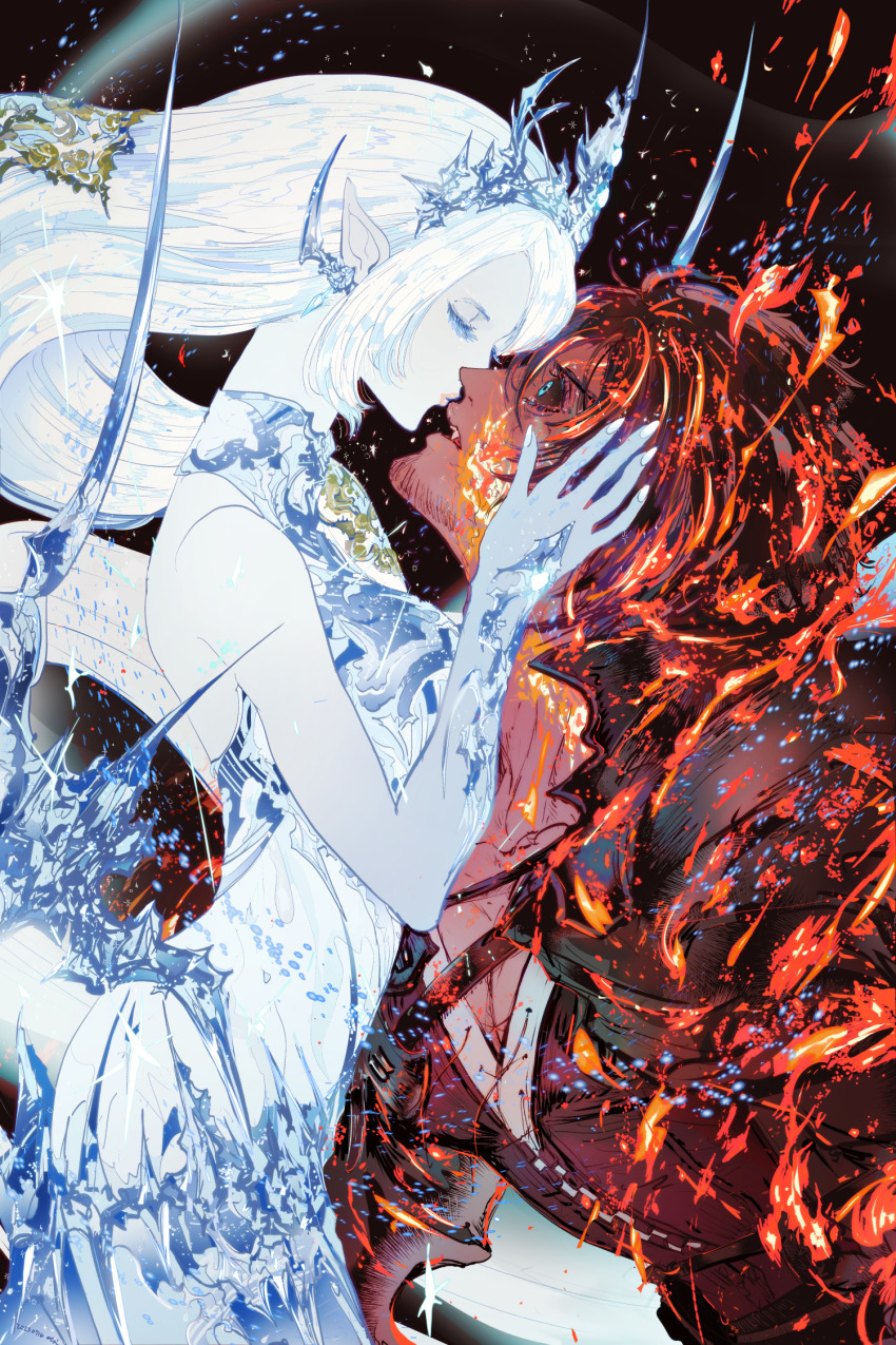 1boy, 1girl, black_sclera, blue_eyes, clive_rosfield, colored_sclera, embers, eye_contact, final_fantasy, final_fantasy_xvi, fire, frost, glowing, glowing_eyes, hands_on_another's_face, highres, ifrit_(final_fantasy), imminent_kiss, jill_warrick, looking_at_another, oju_(ouka), pale_skin, pointy_ears, shiva_(final_fantasy), tiara, upper_body, white_hair