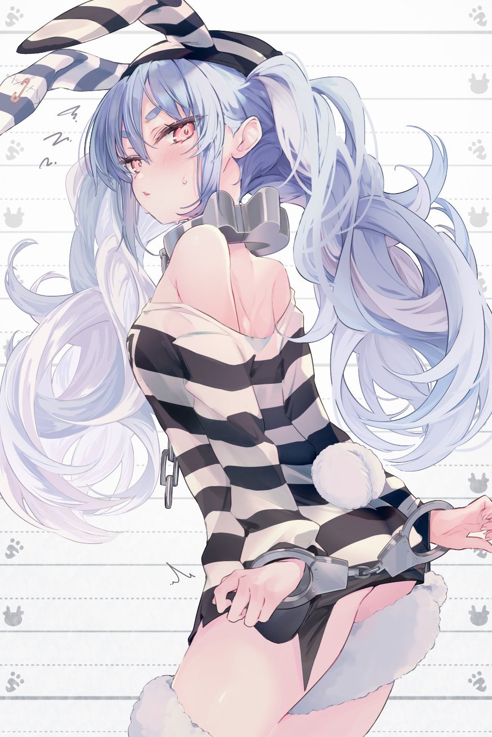 1girl, animal_ears, blue_hair, bound, bound_wrists, braid, chain, collar
