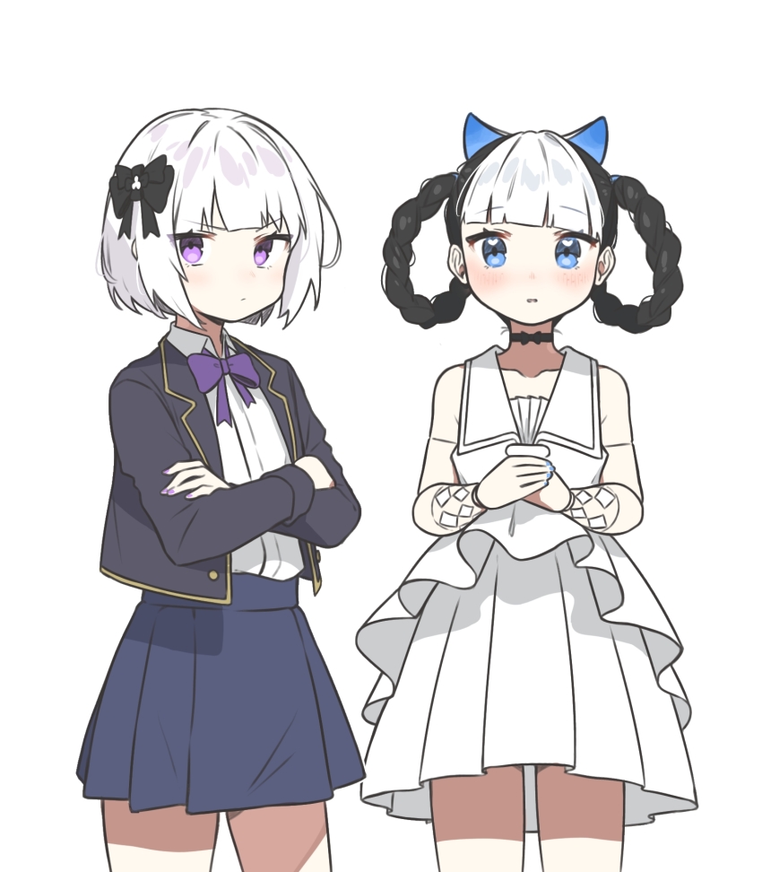 2girls, animal_ears, bambinata_(pgr), black_choker, black_hair, black_jacket, black_ribbon, blue_eyes