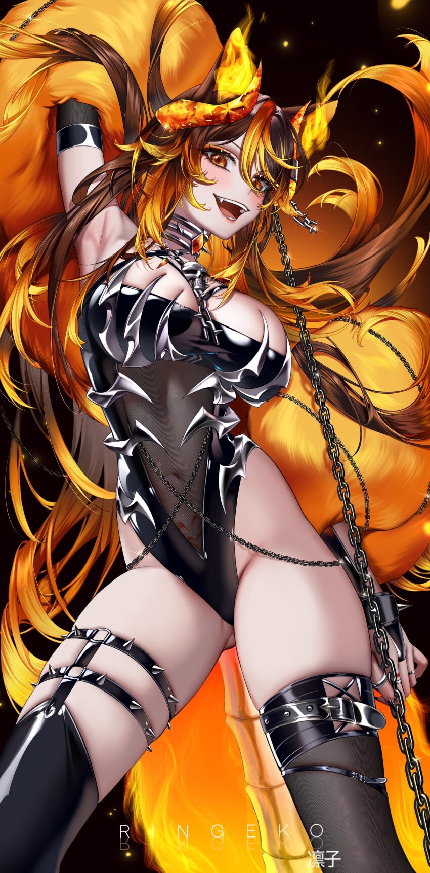 1girl, :d, absurdres, animal_ears, arm_up, armpits, artist_name, black_leotard