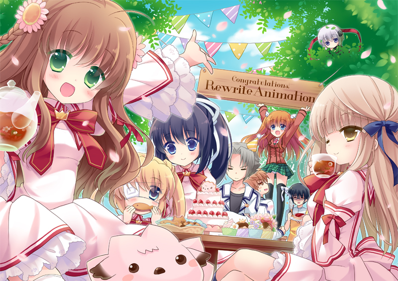 3boys, 6+girls, :d, ahoge, arm_up, arms_up, black_hair, black_thighhighs