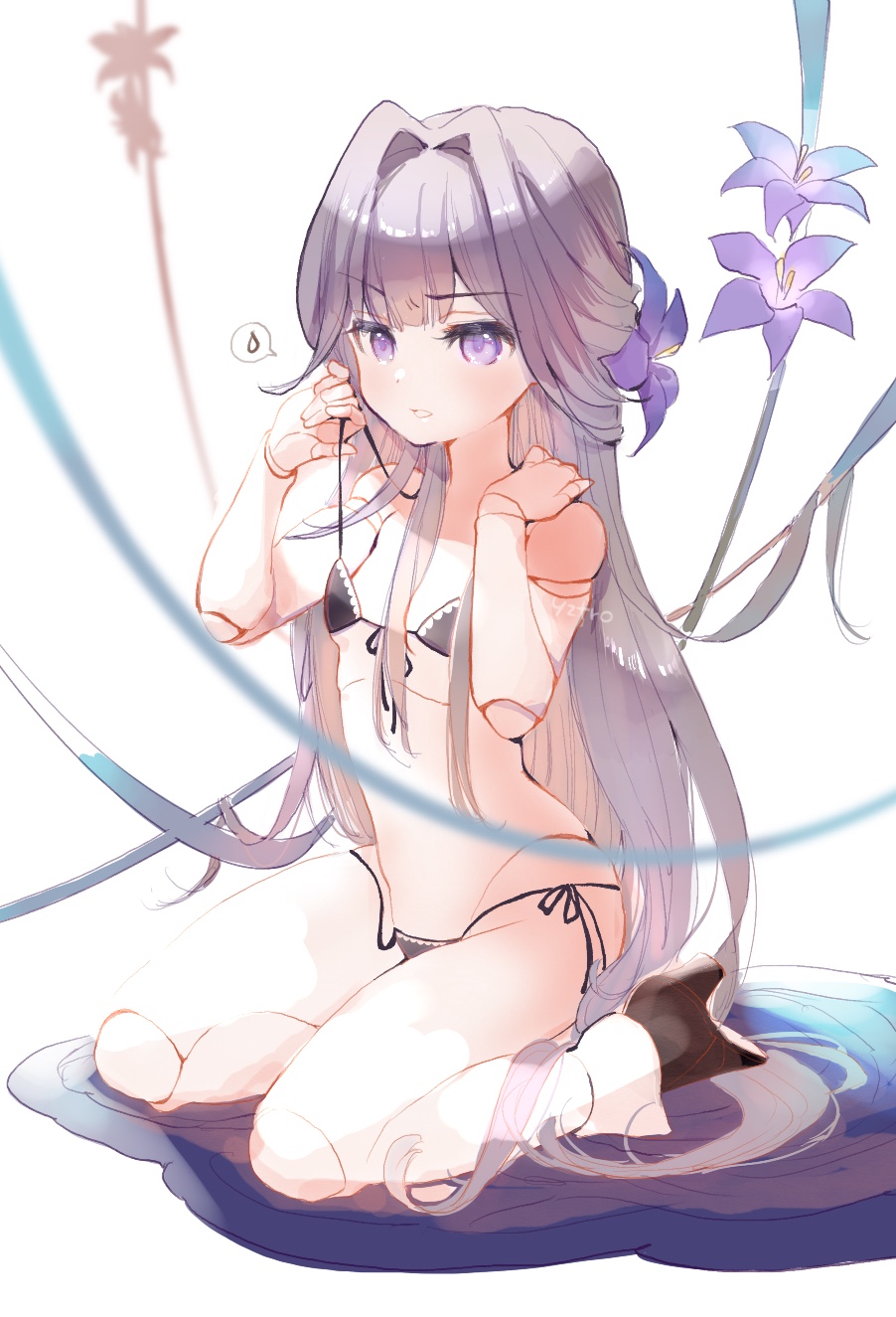 1girl, bikini, black_shoes, breasts, doll, doll_joints, flower, frown, hair_intakes, herta_(puppet)_(honkai:_star_rail), highres, honkai:_star_rail, honkai_(series), joints, looking_at_viewer, micro_bikini, purple_eyes, purple_hair, shoes, sitting, small_breasts, solo, speech_bubble, spoken_sweatdrop, sweatdrop, swimsuit, toro_astro