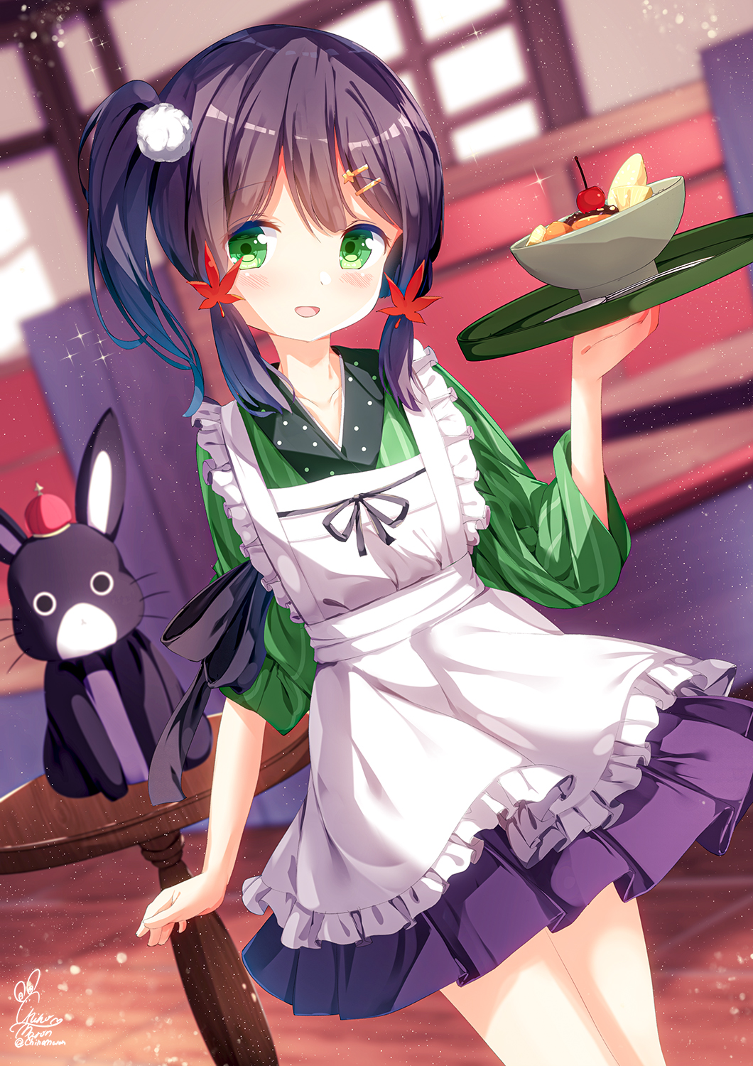 1girl, :d, ama_usa_an_uniform, animal, anko_(gochiusa), apron, black_skirt, blurry