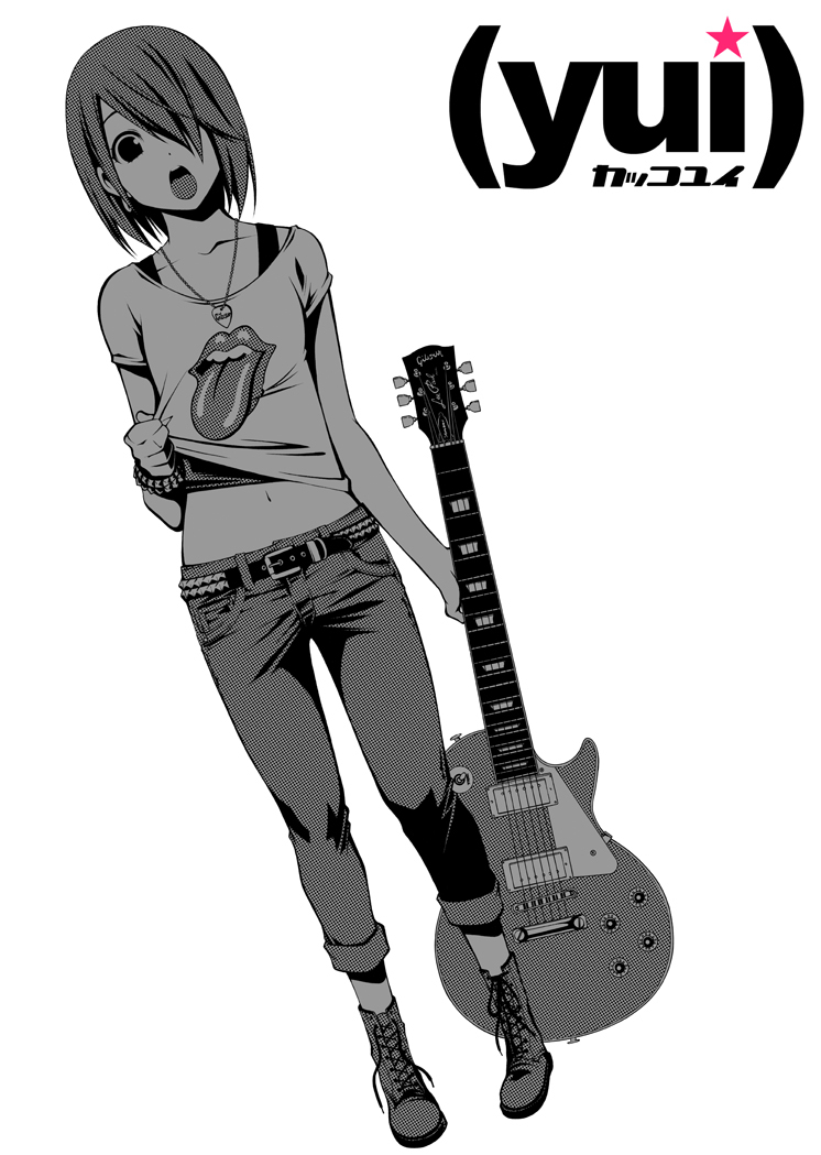 1girl, boots, clothes_lift, denim, earrings, female_focus, greyscale, guitar