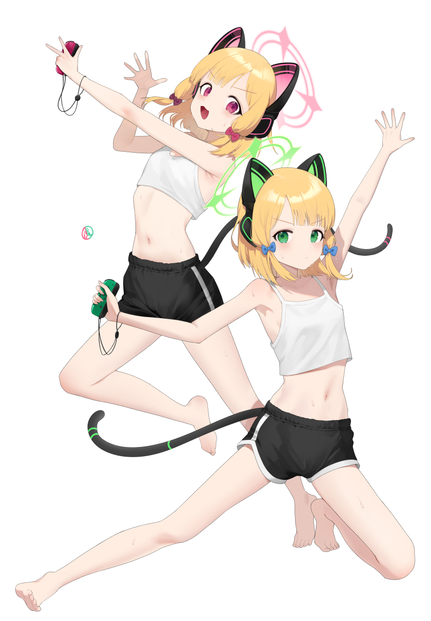 2girls, absurdres, alternate_costume, animal_ear_headphones, animal_ears, bare_legs, barefoot, black_shorts, blonde_hair, blue_archive, blush, bow, breasts, camisole, cat_ears, controller, crop_top, dolphin_shorts, fake_animal_ears, full_body, game_controller, green_eyes, hair_bow, headphones, highres, holding, holding_controller, holding_game_controller, k_hottok, looking_at_viewer, midori_(blue_archive), momoi_(blue_archive), multiple_girls, navel, nintendo_switch, red_eyes, shorts, siblings, simple_background, sisters, small_breasts, soles, stomach, sweatdrop, tail, toes, white_background, white_camisole