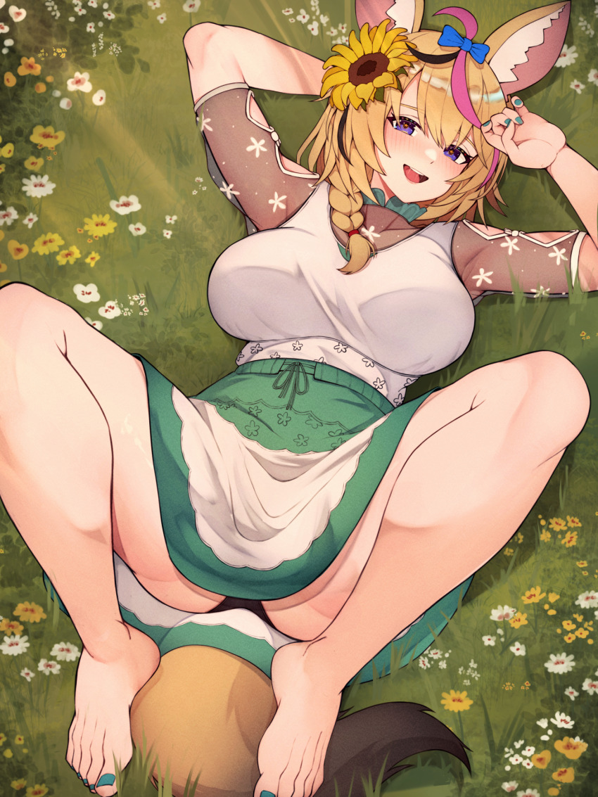 1girl, ahoge, animal_ears, barefoot, black_hair, black_panties, blonde_hair, blush