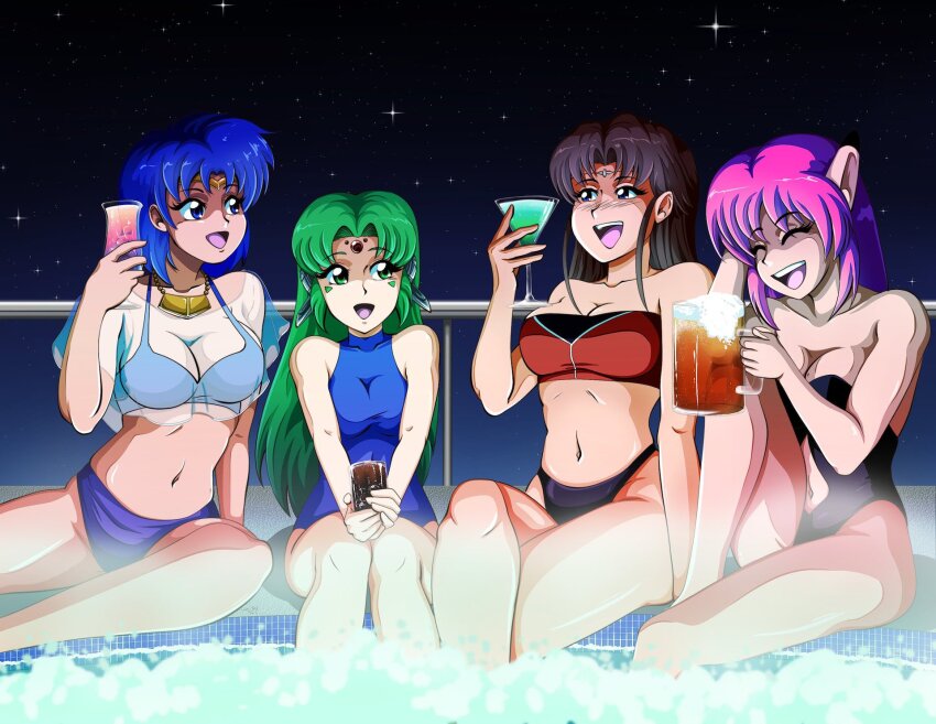 4girls, alcohol, android, beer, beer_mug, bikini, black_one-piece_swimsuit, blue_bikini