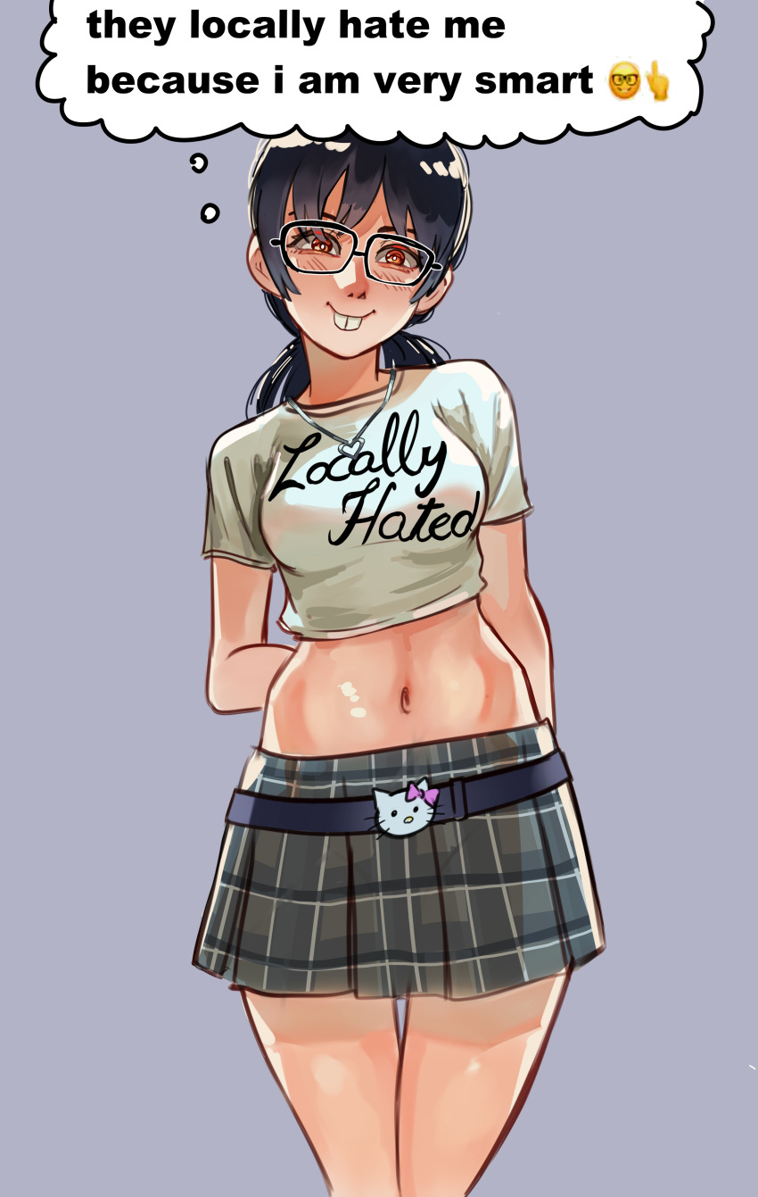 1girl, absurdres, arms_behind_back, black_hair, blush, buck_teeth, chainsaw_man, crop_top