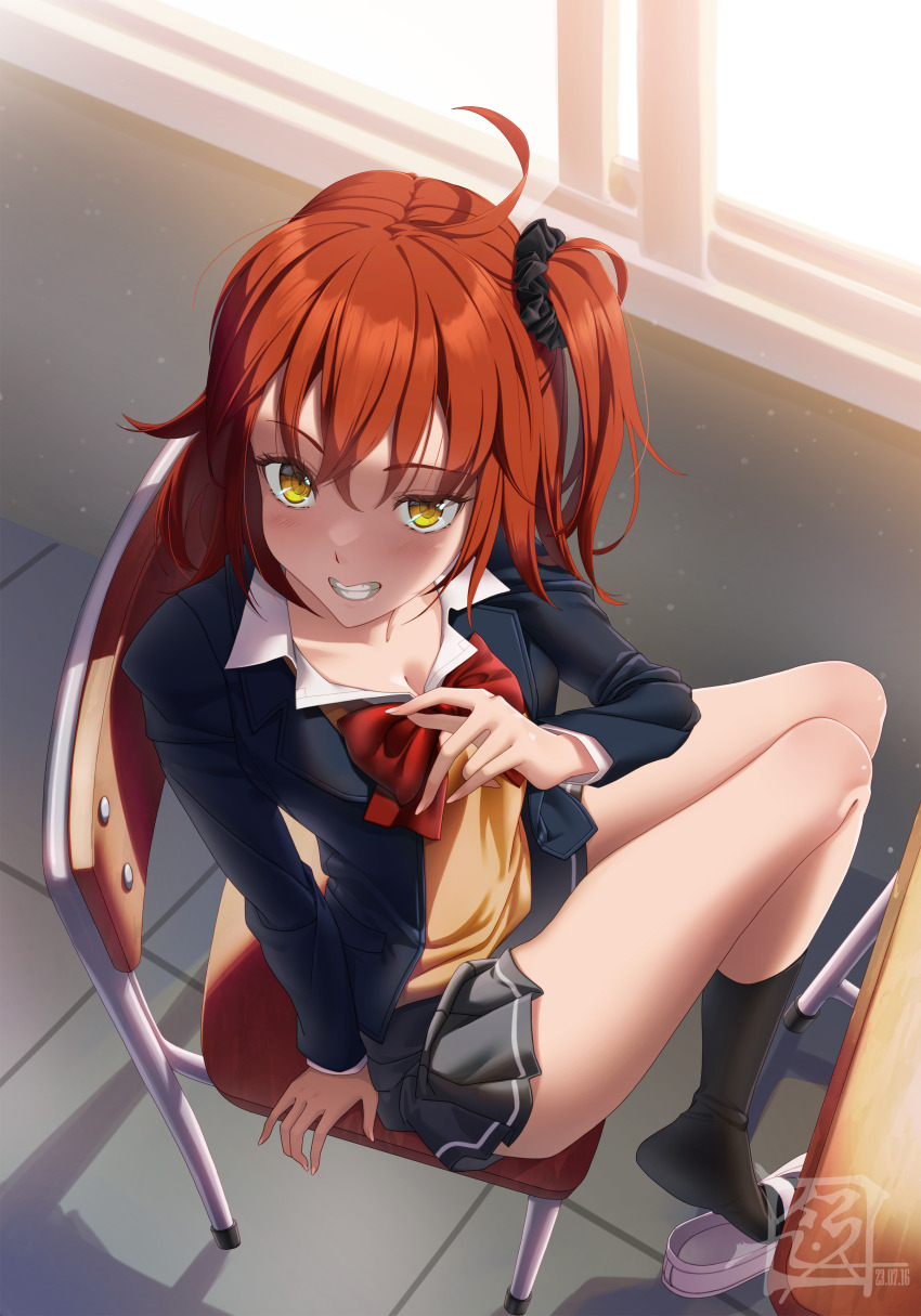 1girl, absurdres, ahoge, arm_support, artist_logo, blue_cardigan, blush, bow