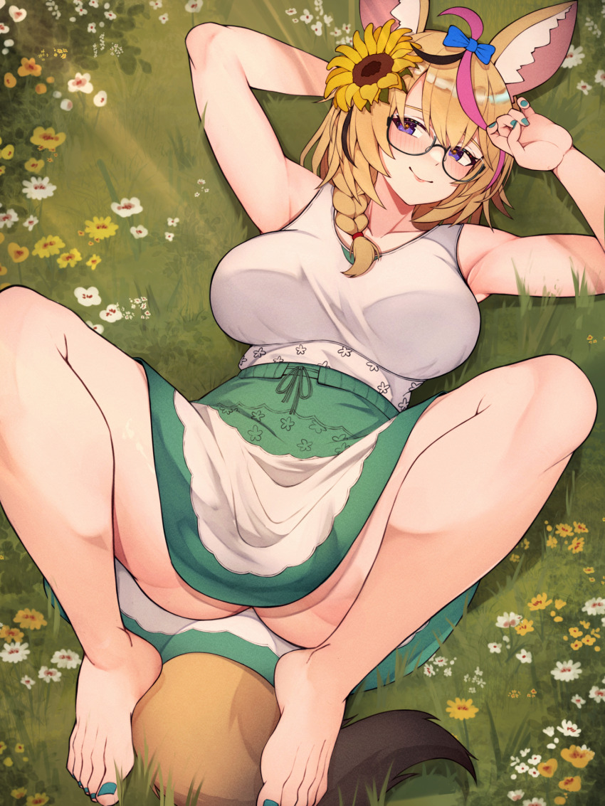 1girl, ahoge, animal_ear_fluff, animal_ears, bare_legs, barefoot, blonde_hair, blush, braid, breasts, closed_mouth, feet, flower, fox_ears, fox_tail, glasses, grass, green_skirt, highres, hololive, knees_up, large_breasts, large_variant_set, long_hair, lying, multicolored_hair, nail_polish, omaru_polka, omaru_polka_(casual), on_back, purple_eyes, shirt, single_braid, skirt, sleeveless, sleeveless_shirt, smile, solo, streaked_hair, sunflower, tail, toenail_polish, toenails, variant_set, varniskarnis, virtual_youtuber, white_flower, white_shirt, yellow_flower