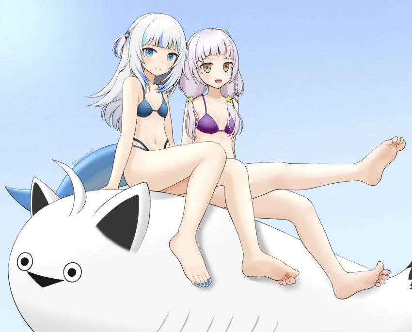 2girls, alternate_costume, barefoot, bikini, blue_background, blue_bikini, blue_eyes, blue_hair