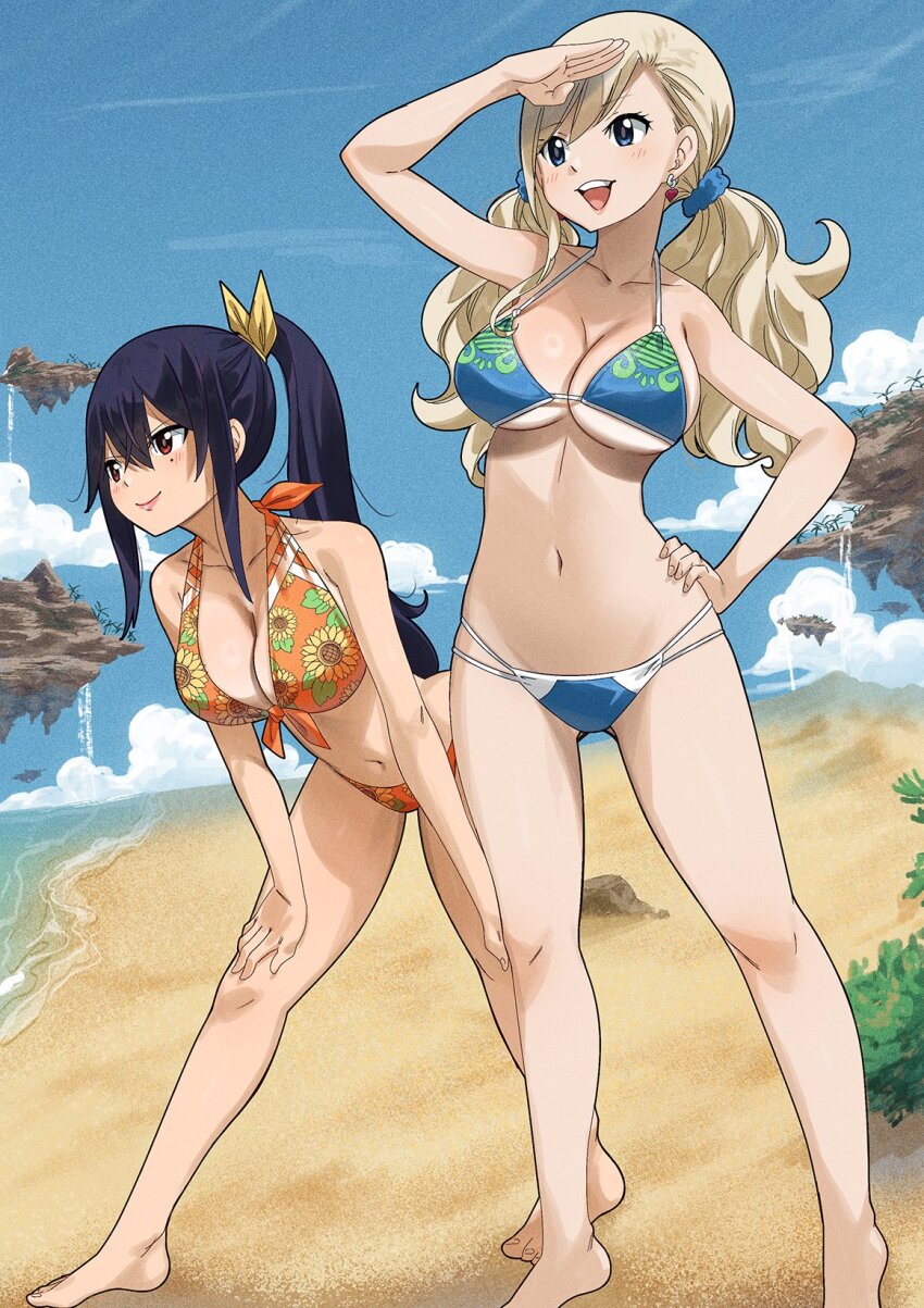 2girls, beach, bikini, blonde_hair, blue_eyes, blue_sky, breasts, cleavage, cloud, cloudy_sky, colorized, earrings, eden's_zero, floral_print, floral_print_bikini, gaston18, happy, highres, holding_own_waist, homura_kogetsu, jewelry, large_breasts, long_hair, looking_afar, looking_ahead, mashima_hiro, mole, mole_under_eye, multiple_girls, navel, ocean, ponytail, print_bikini, rebecca_bluegarden, sand, sky, smile, sun_bath, swimsuit, tagme, twintails, underboob, water