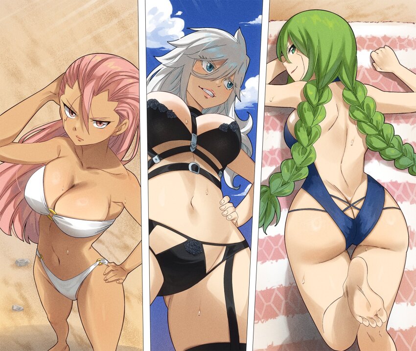 3girls, android, ass, beach, bikini, breasts, butt_crack, cleavage, colorized, eden's_zero, gaston18, green_hair, highres, holding_own_waist, huge_ass, large_breasts, long_hair, looking_at_viewer, lying, mashima_hiro, multiple_girls, navel, pink_hair, robot, sand, sister_ivry, sun_bath, swimsuit, tagme, thick_thighs, thighs, valkyrie_yuna, white_hair, witch_regret
