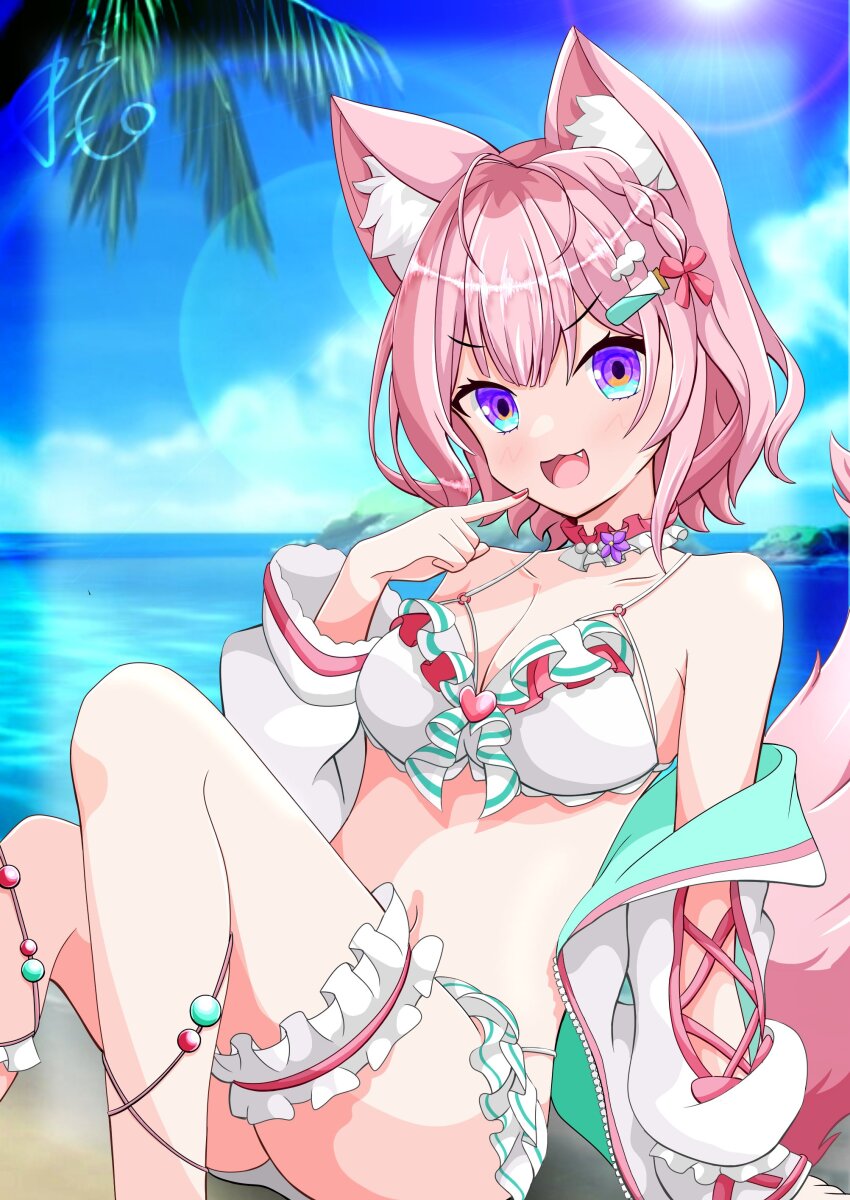 1girl, absurdres, animal_ears, bikini, breasts, choker, cleavage, commentary_request