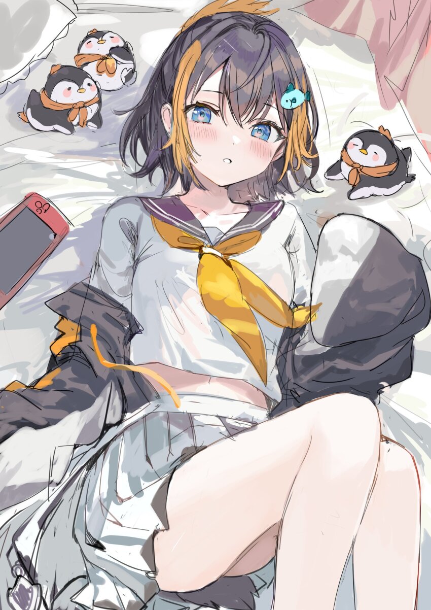 1girl, black_hair, blue_eyes, blush, fish_hair_ornament, hair_ornament, highres, jacket