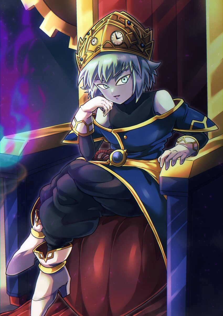 1girl, absurdres, aeos, baggy_pants, bare_shoulders, blue_eyes, blue_hair, blue_skin