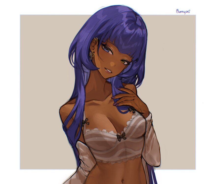 1girl, alternate_costume, blue_eyes, blue_hair, bunnyoki, candace_(genshin_impact), commentary, crop_top, dark-skinned_female, dark_skin, detached_sleeves, earrings, genshin_impact, hair_down, heterochromia, highres, jewelry, navel, purple_nails, smile, solo, untranslatable_commentary, yellow_eyes