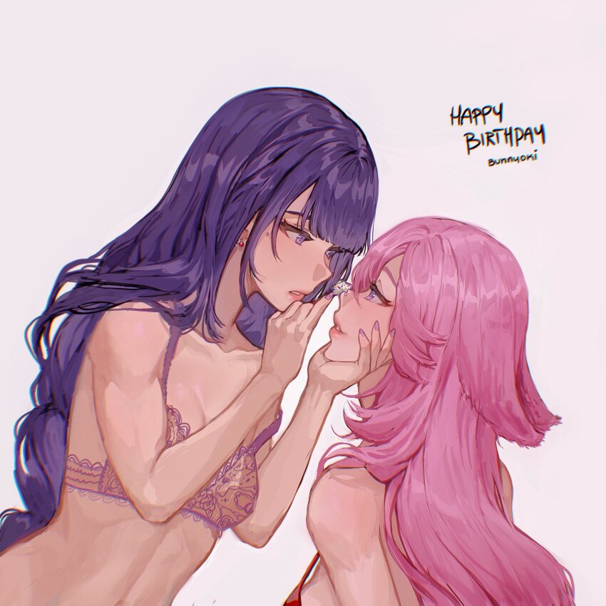 2girls, animal_ears, bra, bunnyoki, earrings, floppy_ears, fox_ears, fox_girl