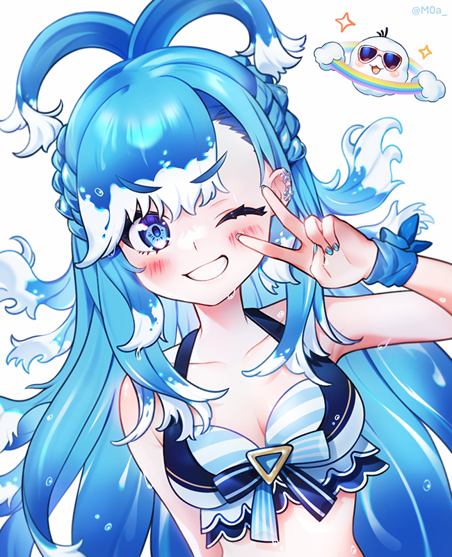 1girl, bikini, blue_eyes, blue_hair, blue_nails, cilus_(kobo_kanaeru), hololive, hololive_indonesia, hololive_summer_2023_swimsuit, kobo_kanaeru, long_hair, moa_(21energy12), one_eye_closed, smile, striped_bikini, striped_clothes, sunglasses, swimsuit, twitter_username, v, virtual_youtuber, white_background